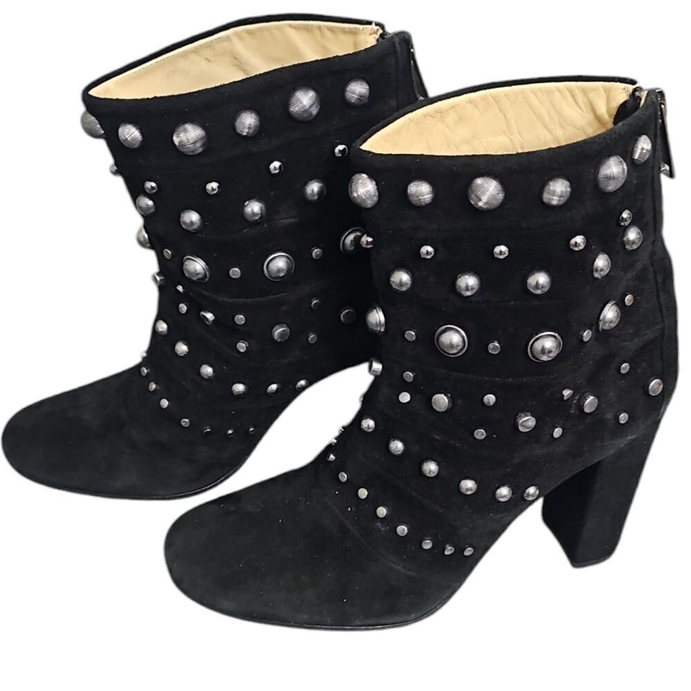 Badgley Mischka Edgy Black Suede Ankle Boots with Silver Studs Rocker Chic 8